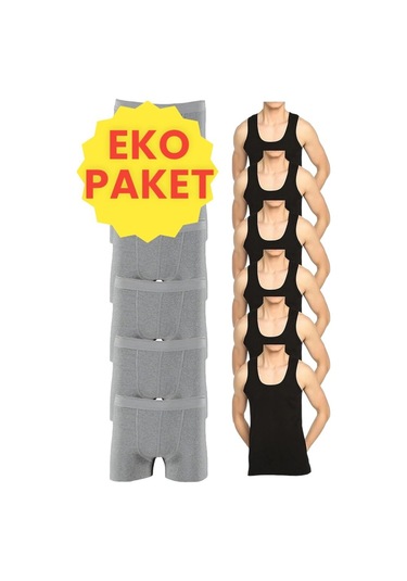 Tezzgelsin Erkek Eko Set 6 Adet Atlet 6 Adet Boxer Siyah Gri