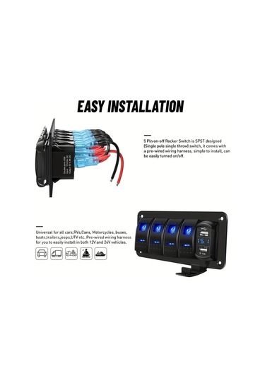 Xuweiwei 4 Gang Rocker Anahtar Paneli Blue 4.8 Amper Cift Usb Sarj Volmetre 12v 24v Dc Gece Parlayan Sticker