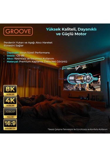 Groove Vizio Pro 200x180cm Blackout Işık Geçirmez Elektrikli Otomatik Kumandalı Projeksiyon Perdesi +motorlu+canlı Renkler+göz Koruması+leke Tutmaz Projector