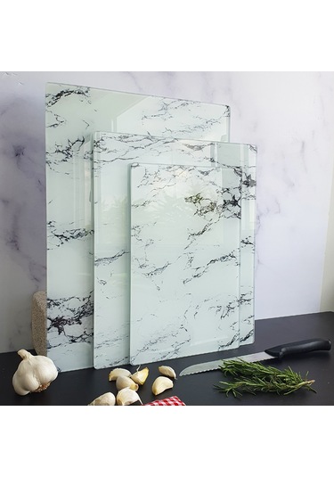 Decorita Cam Kesme Tahtası | Beyaz Mermer Görünümlü | 3'lü Takım