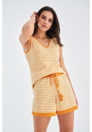 Peraluna Paru Top & Shorts Pamuklu Yazlık Kadın Triko Şort Takım Bej-Turuncu Bej - Turuncu
