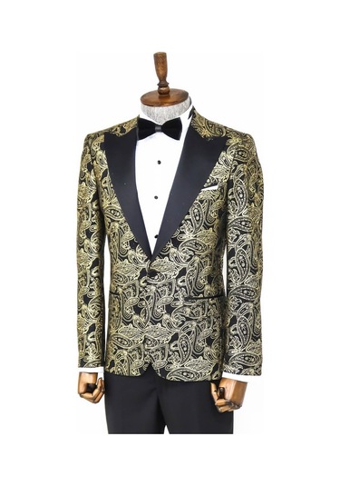 Wessi Desenli Sivri Yakalı Siyah Erkek Smokin Ceketi Siyah