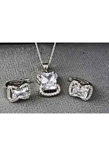 Lilahgümüştr Gümüş Beyaz Taşlı Baget Kadın Kolye Küpe