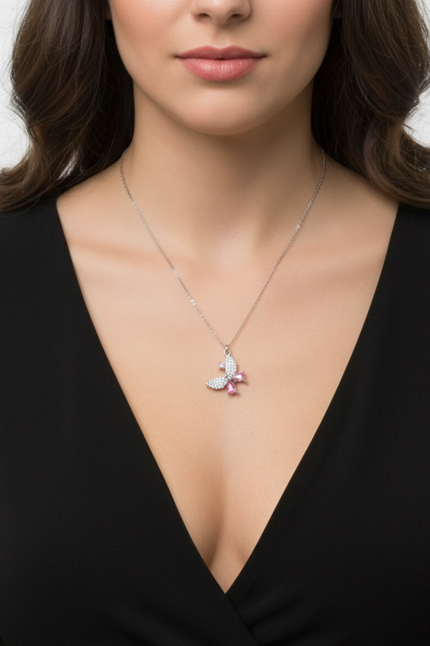 Pembe Taşlı 925 Ayar Gümüş Kadın Kelebek Kolye Gümüş