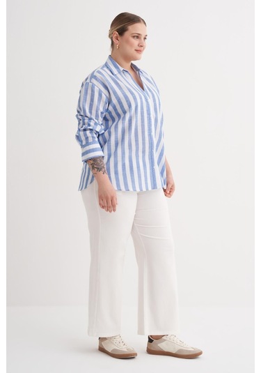 V Yaka Çizgili Gömlek-6241 Mavi