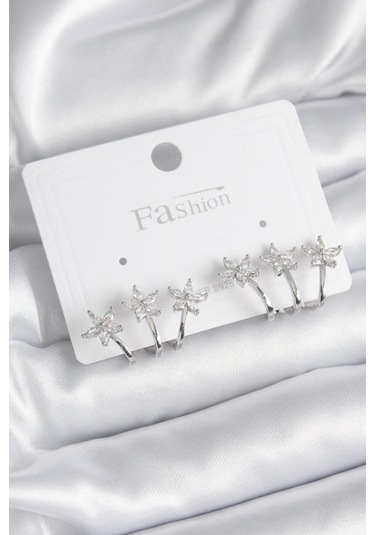 Pirinç Pirinç Gümüş Renk Zirkon Taşlı Çiçek Model Kadın Küpe Çok Renkli