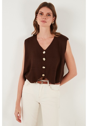 Lela Standart Fit V Yaka Düğmeli Triko Bayan Yelek 4616177 Kahve