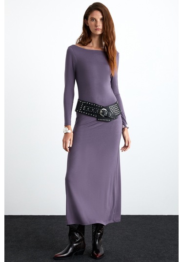 Krızıa Kadın Viskon Likralı Sırt Dekolteli Eteği Geniş Maxi Mürdüm Elbise