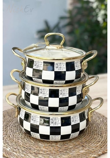 Nishev Elite Class İtalyan Dama Model 3 Lü Emaye Güveç Tencere Seti 16/18/20 Cm