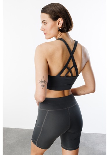 Yüksek Bel Toparlayıcı Çift Cepli Biker Şort Kısa Spor Tayt Kısa-tayt Füme