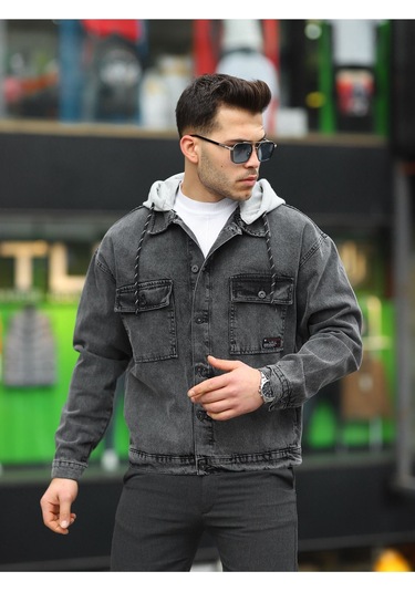 Erkek Kar Yıkama Kapüşonlu Çıkarılabilir Kapüşonlu Oversize K... Antrasit - Siyah