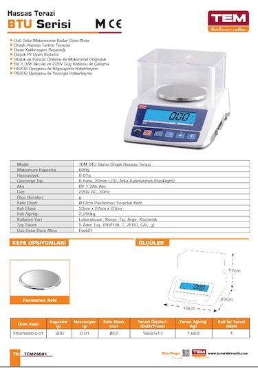 Tem Btu 600 Gr 0,01 Gr Hassas Onaylı Eczane Terazisi