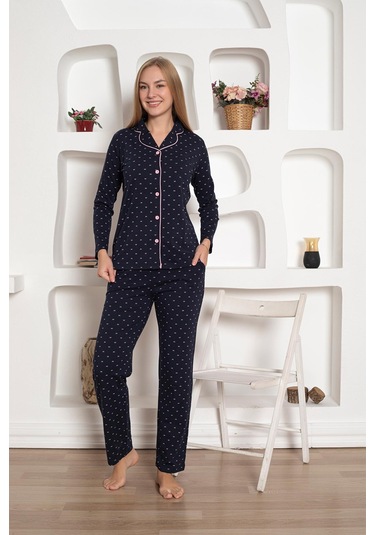 Boydan Düğmeli Gömlek Yaka Uzun Kol Kadın Pijama Takımı - Desenli Pamuklu Likralı Penye Cepli Alt Lacivert