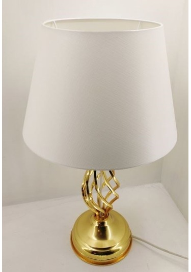 Gold Altın Renk Burgulu Toplu Metal Ayaklı Beyaz Şapkalı Abajur Altın