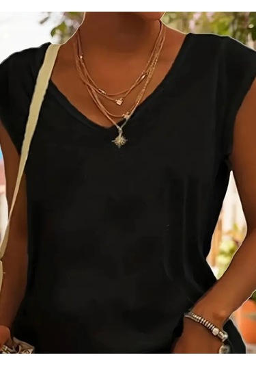 Modasize Kadın Kısa Kollu V Yakalı Viskon Bluz Siyah