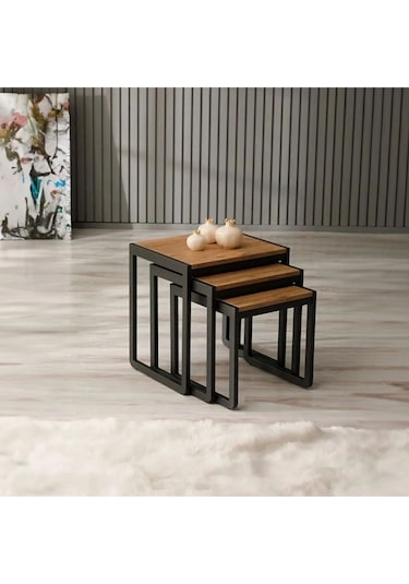 Doğal Ahşap Masif Panel Üçlü Zigon Sehpa Siyah