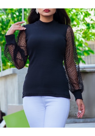 Kadın Siyah Kolu Tül Detaylı Yarım Balıkçı Kaşkorse Bluz 6160 Haki