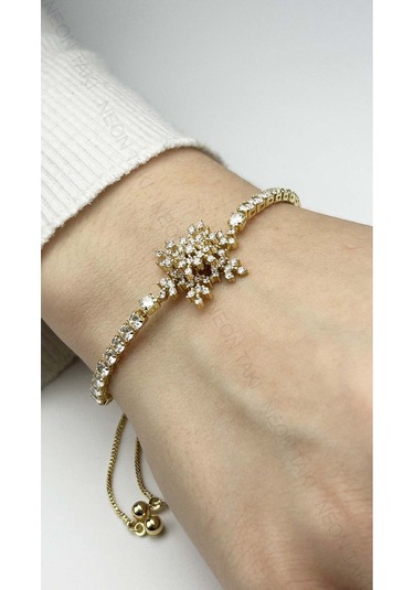 Zirkon Taşlı, Kar Tanesi, Asansörlü, Paslanmaz Çelik Bileklik 463, Altın Renk Altın