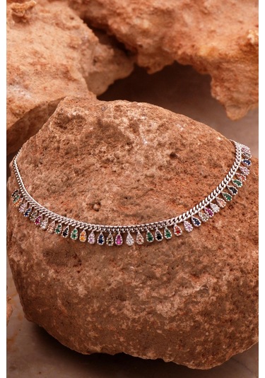 Sümer Telkari Gurmet Mix Taşlı Rodyumlu Gümüş Halhal 345 Gümüş