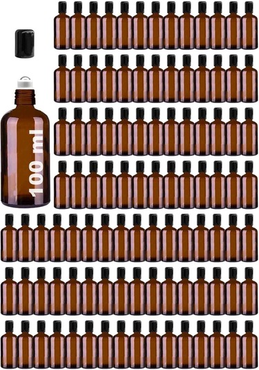Çelik Roll On Şişesi 100 ML Sızdırmaz Siyah Kapaklı Amber Cam Şişe 100 Adet