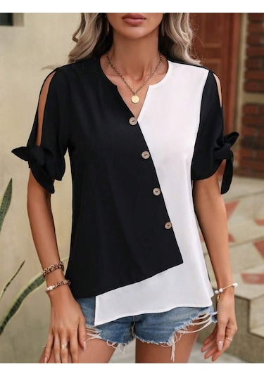 Soonaksesuar Kadın Kısa Kollu Kollardan Bağlamalı Önden Asimetrik Kesim Çift Renk Detaylı Düğmeli Ithal Krep Bluz Siyah