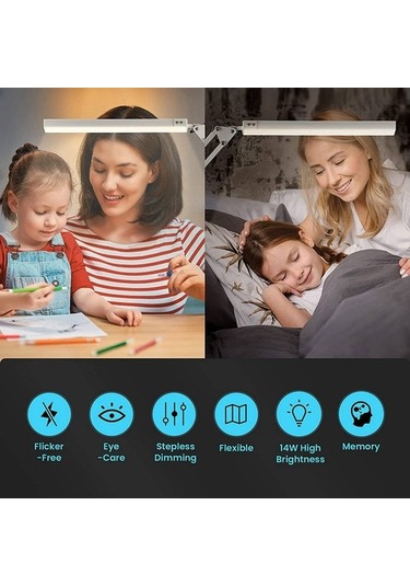 Szypzstore Kelepçeli 2x Led Masa Lambası, 10w Salıncak Kolu Masa Lambası, 3 Aydınlatma Modu, Çalışma, Çizim, Ofis Için Ayarlanabilir Masa Lambası 9g8cw1 Beyaz