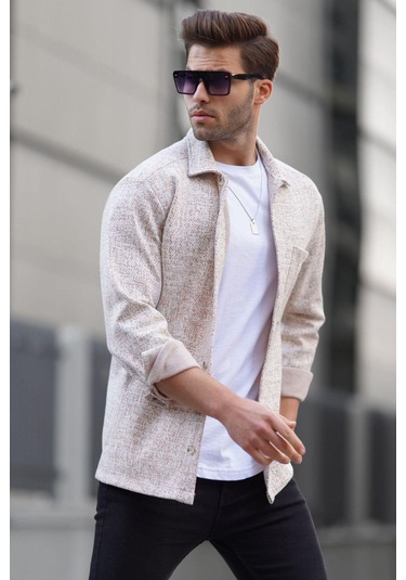 Madmext Bej Desenli Regular Fit Erkek Gömlek 6717 Bej