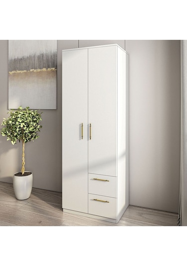 Merlin 2 Kapaklı, Çekmeceli Gardırop, Yatak Odası Dolap, Elbise Dolabı İstanbul Ceviz - 172 Cm / Beyaz