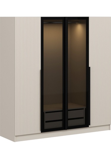 Kale Plus 4 Mebran Kapaklı 2 Çekmeceli Dolap Kumtaşı Mebran Füme Cam 210cm Kumtaşı