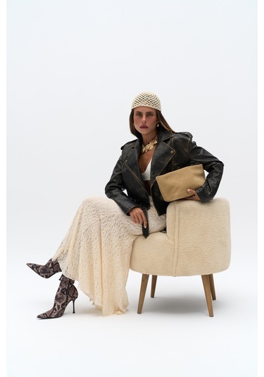 Veylia Uzun Bej Dantel Etek Bej