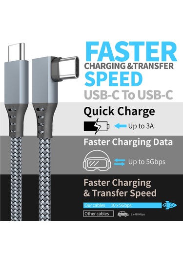 Reedark Vr Bağlantı Kablosu 5m Gümüş-gri Örgülü C-c+ Adaptörlü 5gbps Veri Transferi Bakır Çekirdekli
