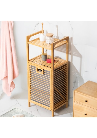 Porsima 2063 2 Raflı Ahşap Kirli Sepeti Organizer Banyo Dolabı Ahşap