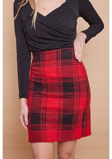 Kışlık Likralı Yünlü Kumaş Yüksek Bel Diz Üstü Kalem Etek-bordo Desen - Bordo D. Bordo