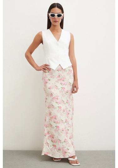 Never More Çiçek Desenli Saten Etek Lila