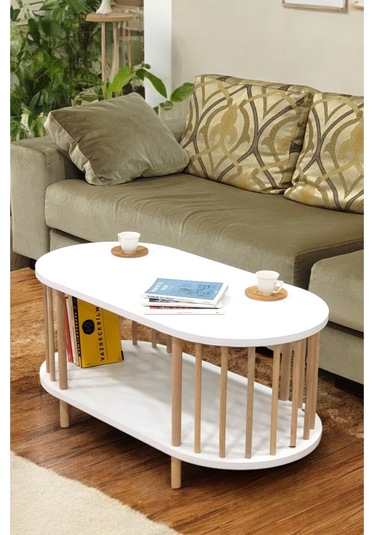 Orta Sehpa Ahşap Ayaklı Sehpa İki Raflı Sehpa Dekoratif Sehpa Gazetelikli Beyaz