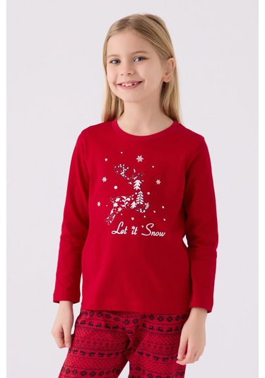 Arnetta 3106 Let İt Snow Kız Çocuk Kırmızı Uzun Kol Pijama Takım Kırmızı