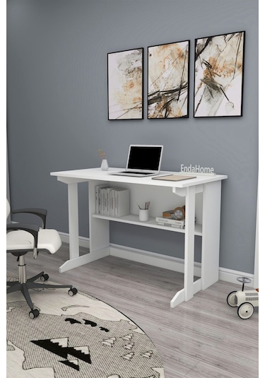 Enda Home Pillar Kütüphaneli Geniş Çalışma Masası 100x56 Cm Beyaz