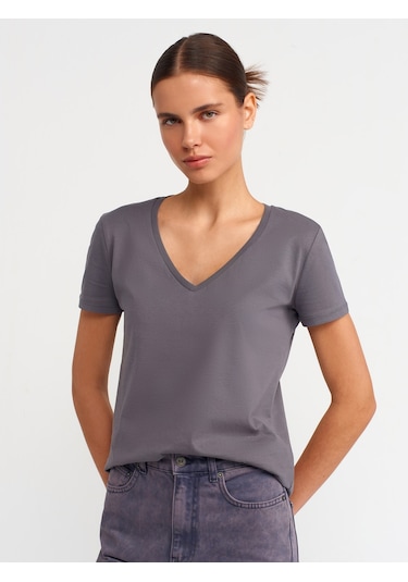 Dilvin V Yaka Basic T-shirt-füme Füme
