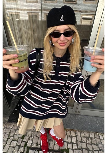 Siyah Polo Yaka Çizgili Kadın Triko Kazak Mg2469 Siyah