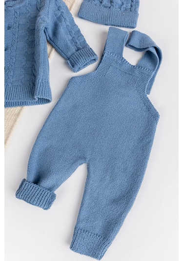 Triko Hırkalı 3'lü Ayarlanabilir Askılı Örgü Erkek Bebek Salopet Tulum Takım Set mavi