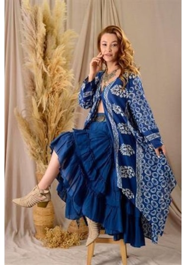 Özel Tasarım Ham Keten Otantik Astarlı Carmen Etek-9895 Petrol Mavisi