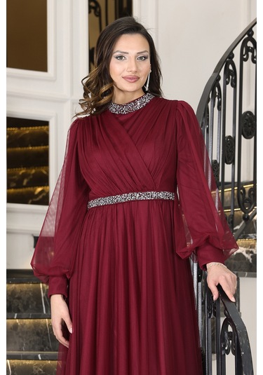 Senna Taş Detaylı Büyük Beden Şık Tesettür Abiye Bordo