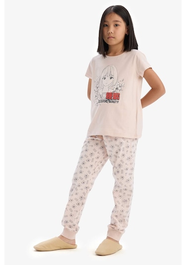 DeFacto Kız Çocuk Pijama Takımı Baskılı Kısa Kollu Üst Beli Lastikli Uzun Alt E0542A825SMPN447 Pembe DeFacto Kız Çocuk Pijama Takımı Baskılı Kısa Kollu Üst Beli Lastikli Uzun Alt E0542A825SMPN447 Pembe