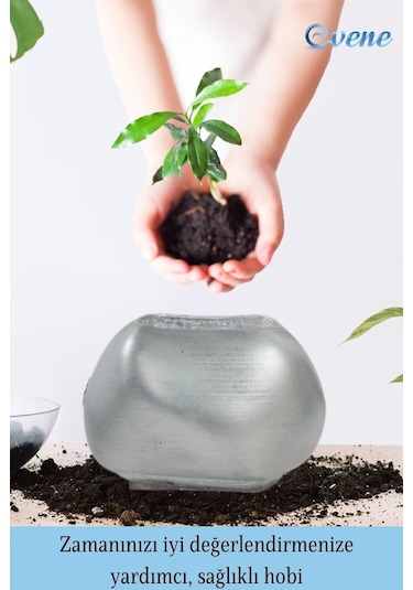 Saksı Çiçek Kaktüs Saksısı Lüx 14 Cm Elips Desen Saksı Çiçeklik - Gümüş Eskitme