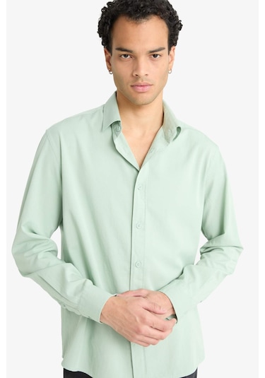 Defacto Regular Fit Polo Yaka Dokuma Uzun Kollu Gömlek F6341ax25augn1135 Yeşil