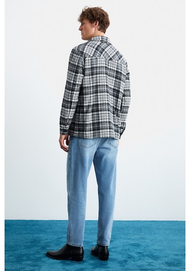 Allenı Erkek Pamuk Gömlek Yaka Relaxed Oduncu Siyah Gömlek