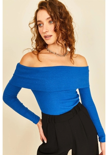 Bigümex Saks Mavi Madonna Yaka Kaşkorse Body