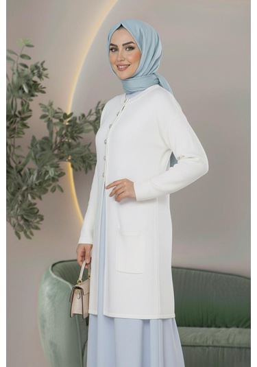 Yeni Sezon Dizboy Kadın Ceket -sakal İplik, Yaka Düğmeli, İki Cepli, Günlük, Şık Kombinler İçin Beyaz