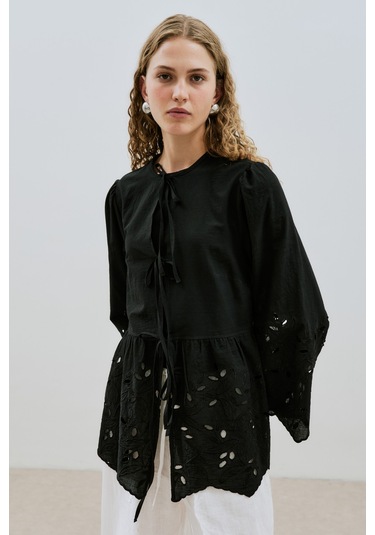 Bağlamalı Nakışlı Tunik Siyah Siyah