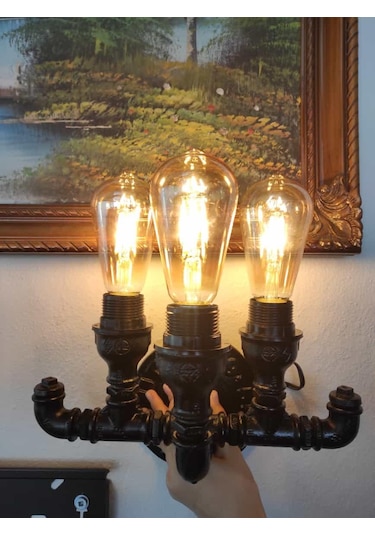 Endüstriyel Tasarım Vintage Duvar Aplik Borulardan Lamba 3'li Sarı